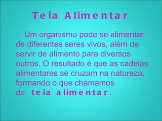 T e ia A lim e n t a r
   Um organismo pode se alimentar
de diferentes seres vivos, além de
servir de alimento para diversos
outros. O resultado é que as cadeias
alimentares se cruzam na natureza,
formando o que chamamos
de  t e i a a l i m e n t a r .
 