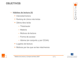 Hábitos de lectura (II) Intensidad lectora Ranking de Libros más leídos Último libro leído Título/autor Materia Motivos de lectura Forma de acceso Idioma (en conjunto y por CCAA) Lugares de lectura Motivos por los que se lee más/menos OBJETIVOS 