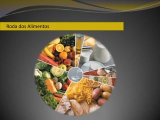 Variada – comem-se diferentes alimentos dentro de cada grupo, variando diariamente e nas diferentes épocas do ano.     Roda dos Alimentos   A Roda dos Alimentos é uma imagem ou uma representação gráfica que ajuda a escolher e a combinar os alimentos que deverão fazer parte da alimentação diária. É um círculo que se divide em segmentos de diferentes tamanhos que se designam por grupos e que reúnem alimentos com propriedades nutricionais diferentes. É composta por sete grupos de alimentos de diferentes dimensões, os quais indicam a proporção de peso com que cada um deles deve estar presente na alimentação diária:Cereais e derivados, tubérculos – 28%
