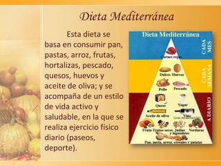 Dieta Mediterránea
       Esta dieta se
basa en consumir pan,
pastas, arroz, frutas,
hortalizas, pescado,
quesos, huevos y...