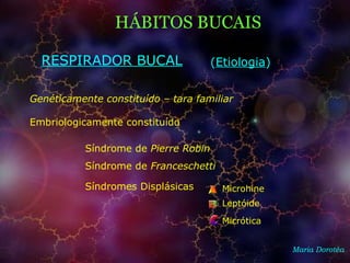 Maria Dorotéa
HÁBITOS BUCAIS
RESPIRADOR BUCAL
Genéticamente constituído – tara familiar
Embriologicamente constituído
Síndrome de Pierre Robin
Síndrome de Franceschetti
(Etiologia)
Síndromes Displásicas Microhine
Leptóide
Micrótica
 