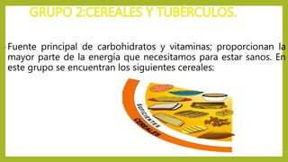 •Fuente principal de carbohidratos y vitaminas; proporcionan la
mayor parte de la energía que necesitamos para estar sanos. En
este grupo se encuentran los siguientes cereales:
 