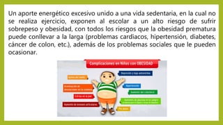 Un aporte energético excesivo unido a una vida sedentaria, en la cual no
se realiza ejercicio, exponen al escolar a un alto riesgo de sufrir
sobrepeso y obesidad, con todos los riesgos que la obesidad prematura
puede conllevar a la larga (problemas cardiacos, hipertensión, diabetes,
cáncer de colon, etc.), además de los problemas sociales que le pueden
ocasionar.
 