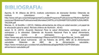 Aponte, D. M. (Marzo de 2013). instituto colombiano de bienestar familiar. Obtenido de
instituto colombiano de bienestar familiar:
http://www.icbf.gov.co/portal/page/portal/CiudadesProsperas/PublicacionesYMultimedia/Publ
icacionesYBoletines/PublicacionesEditoriales/CARTILLA%20HABITOS%20DE%20ALIMEN
TACION.pdf
Macías, A., & Gordillo, l. (2012). Hábitos alimentarios de niños en edad escolar y el papel de
la educación para la salud. Revista chilena de Nutrición , 40-43.
salud, S. D. (2010). Acuerdo Nacional Para la salud Alimentaria, estrategia contra el
sobrepeso y la obesidad. Obtenido de Acuerdo Nacional Para la salud Alimentaria,
estrategia contra el sobrepeso y la obesidad:
https://www.sep.gob.mx/work/models/sep1/Resource/635/3/images/Manual_familia.pdf
subdirección de salud nutricional, (22 de Febrero de 2016). ABC de la Alimentación
saludable. Obtenido de ABC de la Alimentación saludable.:
https://www.minsalud.gov.co/sites/rid/Lists/BibliotecaDigital/RIDE/VS/PP/SNA/abc-
alimentacion-saludable.pdf
 