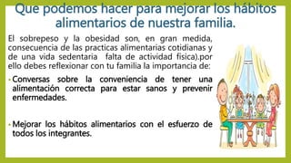 Que podemos hacer para mejorar los hábitos
alimentarios de nuestra familia.
El sobrepeso y la obesidad son, en gran medida,
consecuencia de las practicas alimentarias cotidianas y
de una vida sedentaria falta de actividad física).por
ello debes reflexionar con tu familia la importancia de:
• Conversas sobre la conveniencia de tener una
alimentación correcta para estar sanos y prevenir
enfermedades.
• Mejorar los hábitos alimentarios con el esfuerzo de
todos los integrantes.
 