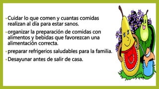 •Cuidar lo que comen y cuantas comidas
realizan al día para estar sanos.
•organizar la preparación de comidas con
alimentos y bebidas que favorezcan una
alimentación correcta.
•preparar refrigerios saludables para la familia.
•Desayunar antes de salir de casa.
 