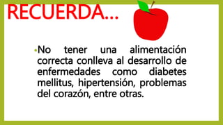 RECUERDA…
•No tener una alimentación
correcta conlleva al desarrollo de
enfermedades como diabetes
mellitus, hipertensión, problemas
del corazón, entre otras.
 