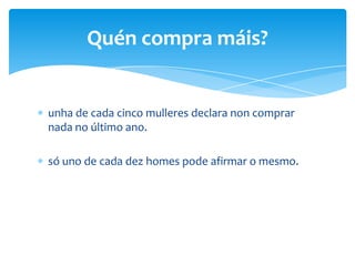 unha de cada cinco mulleres declara non comprar
nada no último ano.
só uno de cada dez homes pode afirmar o mesmo.
Quén compra máis?
 