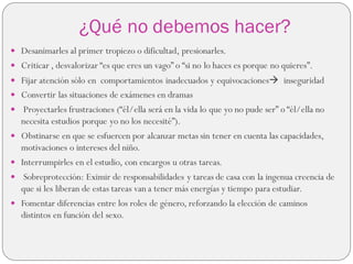 ¿Qué no debemos hacer?
 Desanimarles al primer tropiezo o dificultad, presionarles.
 Criticar , desvalorizar “es que eres un vago” o “si no lo haces es porque no quieres”.
 Fijar atención sólo en comportamientos inadecuados y equivocaciones inseguridad
 Convertir las situaciones de exámenes en dramas
 Proyectarles frustraciones (“él/ella será en la vida lo que yo no pude ser” o “él/ella no
necesita estudios porque yo no los necesité”).
 Obstinarse en que se esfuercen por alcanzar metas sin tener en cuenta las capacidades,
motivaciones o intereses del niño.
 Interrumpirles en el estudio, con encargos u otras tareas.
 Sobreprotección: Eximir de responsabilidades y tareas de casa con la ingenua creencia de
que si les liberan de estas tareas van a tener más energías y tiempo para estudiar.
 Fomentar diferencias entre los roles de género, reforzando la elección de caminos
distintos en función del sexo.
 