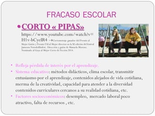 FRACASO ESCOLAR
CORTO « PIPAS»
https://www.youtube.com/watch?v=
H1v-bCyeIR4 -Cortometraje ganador del Premio al
Mejor Guión y PremioTAI al Mejor director en la XI edición del festival
Jameson Notodofilmfest. Dirección y guión de Manuela Moreno.
Nominado al Goya al Mejor Corto de Ficción 2014.
• Refleja pérdida de interés por el aprendizaje.
• Sistema educativo: métodos didácticos, clima escolar, transmitir
entusiasmo por el aprendizaje,contenidos alejados de vida cotidiana,
merma de la creatividad, capacidad para atender a la diversidad
contenidos curriculares cercanos a su realidad cotidiana, etc.
• Factores socioeconómicos: desempleo, mercado laboral poco
atractivo, falta de recursos , etc.
 