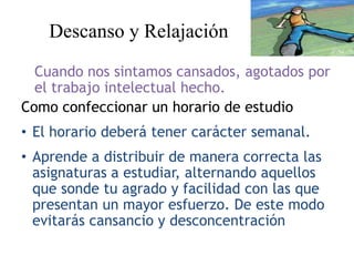 Descanso y RelajaciónCuando nos sintamos cansados, agotados porel trabajo intelectual hecho.Como confeccionar un horario de estudioEl horario deberá tener carácter semanal.Aprende a distribuir de manera correcta las asignaturas a estudiar, alternando aquellos que sonde tu agrado y facilidad con las que presentan un mayor esfuerzo. De este modo evitarás cansancio y desconcentración 