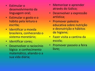 • Estimular o                • Memorizar e aprender
  desenvolvimento da           através do lúdico;
  linguagem oral;            • Desenvolver a expressão
• Estimular o gosto e o        artística;
  hábito pela leitura e      • Promover palestra
  escrita;                     educativa sobre nutrição
• Identificar a moeda          e desnutrição e hábitos
  brasileira, conhecendo o     de higiene;
  sistema monetário;         • Fazer visita a cantina da
• Identificar cores;           escola;
• Desenvolver o raciocínio   • Promover passeio a feira
  lógico e conhecimento        livre;
  matemático, aliando-o a
  sua vida diária;
 
