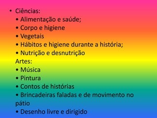 • Ciências:
  • Alimentação e saúde;
  • Corpo e higiene
  • Vegetais
  • Hábitos e higiene durante a história;
  • Nutrição e desnutrição
  Artes:
  • Música
  • Pintura
  • Contos de histórias
  • Brincadeiras faladas e de movimento no
  pátio
  • Desenho livre e dirigido
 
