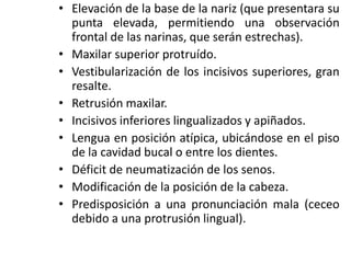 • Elevación de la base de la nariz (que presentara su
punta elevada, permitiendo una observación
frontal de las narinas, que serán estrechas).
• Maxilar superior protruído.
• Vestibularización de los incisivos superiores, gran
resalte.
• Retrusión maxilar.
• Incisivos inferiores lingualizados y apiñados.
• Lengua en posición atípica, ubicándose en el piso
de la cavidad bucal o entre los dientes.
• Déficit de neumatización de los senos.
• Modificación de la posición de la cabeza.
• Predisposición a una pronunciación mala (ceceo
debido a una protrusión lingual).
 