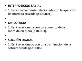 • INTERPOSICIÓN LABIAL
• 1. Está inversamente relacionada con la aparición
de mordida cruzada (p<0.0001).
•
• ONICOFAGIA
• 1. Está relacionada con un aumento de la
mordida en tijera (p<0.003).
•
• SUCCIÓN DIGITAL
• 1. Está relacionado con una disminución de la
sobremordida (p<0.006).
 