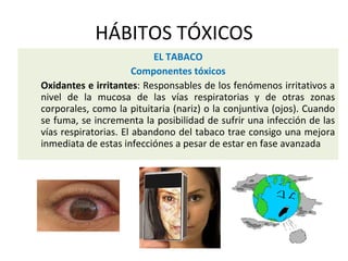 HÁBITOS TÓXICOS
EL TABACO
Componentes tóxicos
Oxidantes e irritantes: Responsables de los fenómenos irritativos a
nivel de la mucosa de las vías respiratorias y de otras zonas
corporales, como la pituitaria (nariz) o la conjuntiva (ojos). Cuando
se fuma, se incrementa la posibilidad de sufrir una infección de las
vías respiratorias. El abandono del tabaco trae consigo una mejora
inmediata de estas infecciónes a pesar de estar en fase avanzada
 
