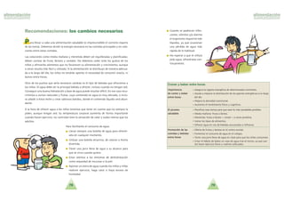 • Cuando se padezcan infec-
ciones, vo´mitos y/o diarrea
el organismo requerira´ ma´s
li´quidos, ya que ocasionan
una pe´rdida de agua ma´s
ra´pida de lo habitual.
• No esperar a que el nin˜o/a
pida agua, ofrece´rsela con-
tinuamente.
7978
Para llevar a cabo una alimentacio´n saludable es imprescindible el correcto reparto
de las tomas. Debemos dividir la energi´a necesaria en las comidas principales y en cola-
ciones entre estas comidas.
Las colaciones como media man˜ana y merienda deben ser equilibradas y planificadas;
deben constar de fruta, la´cteos y cereales. No debemos ceder ante los gustos de los
nin˜os y ofrecerles alimentos que no favorecen su alimentacio´n y crecimiento, aunque
a veces resulta ma´s fa´cil y co´modo. Si la alimentacio´n se distribuye de manera adecua-
da a lo largo del di´a, los nin˜os no tendra´n apetito ni necesidad de consumir snacks, ni
dulces entre horas.
Otro de los puntos que seri´a necesario cambiar es el tipo de bebidas que ofrecemos a
los nin˜os. El agua debe ser la principal bebida a ofrecer, incluso cuando no tengan sed.
Conseguir una buena hidratacio´n a base de agua puede resultar difi´cil. En ese caso recu-
rriremos a zumos naturales y frutas, cuyo contenido en agua es muy elevado, o inclu-
so an˜adir a e´stos leche y crear sabrosos batidos, donde el contenido li´quido sera´ abun-
dante.
A la hora de ofrecer agua a los nin˜os tenemos que tener en cuenta que no siempre la
piden, aunque tengan sed. Su temperatura corporal aumenta de forma importante
cuando hacen ejercicio; no controlan bien la sensacio´n de calor y sudan menos que los
adultos.
Para facilitarles el consumo de agua:
• Llevar siempre una botella de agua para ofrece´r-
sela en cualquier momento.
• Utilizar una botella atractiva, de colores o forma
divertida.
• Tener una jarra llena de agua a su alcance para
que se sirva cuando quiera.
• Estar atentos a los si´ntomas de deshidratacio´n
como sequedad de mucosas o la piel.
• Aportar un extra de agua cuando los nin˜os y nin˜as
realicen ejercicio, haga calor o haya exceso de
humedad.
Recomendaciones: los cambios necesarios
Comer y beber entre horas
Importancia • Asegura la ingesta energe´tica de determinados nutrientes.
de comer y beber • Ayuda a mejorar la distribucio´n de los aportes energe´ticos a lo largo
entre horas del di´a.
• Mejora la densidad nutricional.
• Aumenta el rendimiento fi´sico y cognitivo.
El picoteo • Planificar esas tomas para que sean lo ma´s saludables posibles.
saludable • Media man˜ana: fruta o la´cteo.
• Merienda: fruta o la´cteo + cereal + a veces protei´na.
• Variar los tipos de alimentos.
• Ofrecer agua en vez de bebidas azucaradas o refrescos.
Promocio´n de las • Oferta de frutas y la´cteos en el centro escolar.
comidas y bebidas • Fomentar el consumo de agua en el colegio.
entre horas • Tener una jarra llena de agua en clase para que los nin˜os consuman.
• Crear el ha´bito de beber un vaso de agua tras el recreo, ya que sue-
len hacer ejercicio fi´sico y vuelven sofocados.
 