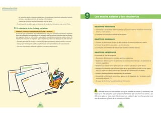 9392
Su consumo diario es imprescindible para el movimiento intestinal, evitando el estren˜i-
miento, y para la prevencio´n de muchas enfermedades.
!Hemos de consumir muchos alimentos ricos en fibra!
• A continuacio´n les pedira´ que confeccionen el menu´ de un almuerzo muy rico en fibra.
9. El calendario de las frutas y hortalizas
Objetivo: Conocer el calendario de las frutas y verduras.
A pesar de que actualmente se pueden encontrar una gran variedad de productos vegetales
fuera de la estacio´n correspondiente, es necesario que los alumnos conozcan que los produc-
tos vegetales tienen un ciclo vital, y que segu´n la estacio´n encontraremos unos u otros. !Es
importante consumir los vegetales que la madre naturaleza nos obsequia en cada estacio´n!
• Para esta actividad se dividira´ la clase en 4 grupos: primavera, verano, oton˜o e invierno.
• Cada grupo investigara´ que´ frutas y hortalizas son representativas de cada estacio´n.
• Con esta informacio´n realizara´n 4 po´sters, una para cada estacio´n.
Los snacks salados y las chucherías
9
OBJETIVOS DIDÁCTICOS
1. Concienciar a los escolares sobre los peligros que puede ocasionar el consumo excesivo de
dulces y snacks salados.
2. Fomentar un consumo ocasional de los mismos.
OBJETIVOS GENERALES
1. Conocer los motivos por los que se debe moderar el consumo de dulces y snacks.
2. Conocer los problemas asociados a su alto consumo.
3. Sustituirlos por alimentos de mayor valor nutritivo recetas caseras .
OBJETIVOS ESPECÍFICOS
El alumnado, al final del programa:
• Reconoce la diferencia entre comidas, aperitivos y golosinas.
• Establece la diferencia entre los alimentos de consumo diario habitual y los alimentos de
consumo espora´dico.
• Establece una relacio´n entre la frecuencia de consumo cada di´a y la caries dental.
• Identifica los alimentos que no forman parte de los grupos ba´sicos snacks, dulces, golosi-
nas y su papel en la dieta ve´rtice de la pira´mide de la alimentacio´n saludable .
• Conoce y degusta alimentos alternativos a las chucheri´as.
• Comprende la informacio´n esencial que aparece en el etiquetado ej.: a consumir prefe-
rentemente antes de… .
• Es capaz de discriminar la publicidad de la informacio´n.
E l mercado lanza, en la actualidad, una gran variedad de snacks y chucheri´as, que
llegan a los ma´s pequen˜os y son aceptados fa´cilmente por sus atractivos colores y sus
diferentes sabores. Cada vez es ma´s temprana la edad en la que los nin˜os prueban este
tipo de productos y hacen de su consumo un ha´bito.
 