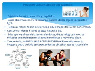 Pasos para un buen Estilo de Vida Saludable:
 Establece horarios de comida y respétalos.
 Busca alimentos con menos calorías, puedes utilizar algunos productos
light.
 Realiza al menos 30 min de ejercicio a día, al menos tres veces por semana.
 Consume al menos 8 vasos de agua natural al día.
 Evita ayuno y el uso de laxantes, diuréticos, dietas milagrosas u otros
métodos que prometen resultados maravillosos a muy corto plazo.
 Y sobre todo, ¡MANTEN UNA ACTITUD POSITIVA! Reconcíliate con tu
imagen y deja a un lado esos pensamientos obsesivos que te hacen daño
 