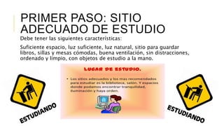 PRIMER PASO: SITIO
ADECUADO DE ESTUDIO
Debe tener las siguientes características:
Suficiente espacio, luz suficiente, luz natural, sitio para guardar
libros, sillas y mesas cómodas, buena ventilación, sin distracciones,
ordenado y limpio, con objetos de estudio a la mano.
 