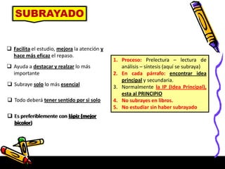 SUBRAYADO
 Facilita el estudio, mejora la atención y
hace más eficaz el repaso.
 Ayuda a destacar y realzar lo más
importante
 Subraye solo lo más esencial
 Todo deberá tener sentido por si solo
 Es preferiblemente con lápiz (mejor
bicolor)
 Es preferiblemente con lápiz (mejor
bicolor)
1. Proceso: Prelectura – lectura de
análisis – síntesis (aquí se subraya)
2. En cada párrafo: encontrar idea
principal y secundaria.
3. Normalmente la IP (Idea Principal),
esta al PRINCIPIO
4. No subrayes en libros.
5. No estudiar sin haber subrayado
 