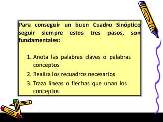 Para conseguir un buen Cuadro Sinóptico
seguir siempre estos tres pasos, son
fundamentales:
1. Anota las palabras claves o palabras
conceptos
2. Realiza los recuadros necesarios
3. Traza líneas o flechas que unan los
conceptos
 