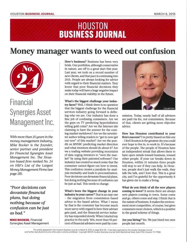 Financial Synergies Recognized by Houston Business Journal