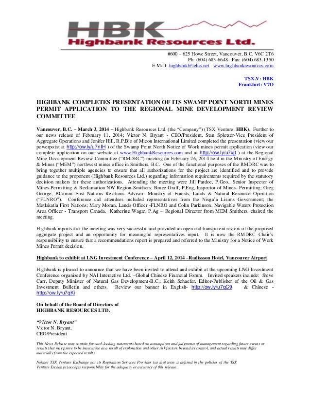 News Release Highbank Presents Permit Application To B C Regional