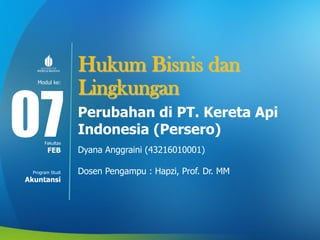 Modul ke:
Fakultas
Program Studi
Perubahan di PT. Kereta Api
Indonesia (Persero)
Dyana Anggraini (43216010001)
Dosen Pengampu : Hapzi, Prof. Dr. MM
07FEB
Akuntansi
 