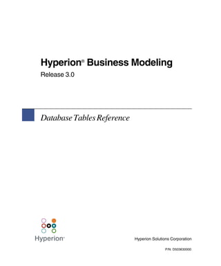 Hyperion Business Modeling
              ®


Release 3.0




Database Tables Reference




                            Hyperion Solutions Corporation

                                            P/N: D503630000
 