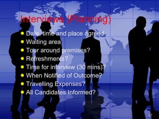 Interviews (Planning) Date, time and place agreed Waiting area Tour around premises? Refreshments? Time for interview (30 mins)? When Notified of Outcome? Travelling Expenses? All Candidates Informed? 