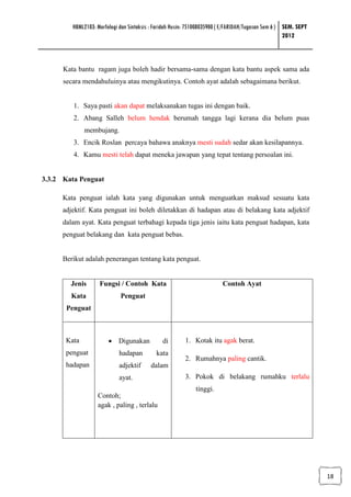 HBML2103: Morfologi dan Sintaksis : Faridah Husin: 751008035900 ( E/FARIDAH/Tugasan Sem 6 ) SEM. SEPT
                                                                                                     2012



      Kata bantu ragam juga boleh hadir bersama-sama dengan kata bantu aspek sama ada
      secara mendahuluinya atau mengikutinya. Contoh ayat adalah sebagaimana berikut.


         1. Saya pasti akan dapat melaksanakan tugas ini dengan baik.
         2. Abang Salleh belum hendak berumah tangga lagi kerana dia belum puas
              membujang.
         3. Encik Roslan percaya bahawa anaknya mesti sudah sedar akan kesilapannya.
         4. Kamu mesti telah dapat meneka jawapan yang tepat tentang persoalan ini.


3.3.2 Kata Penguat

      Kata penguat ialah kata yang digunakan untuk menguatkan maksud sesuatu kata
      adjektif. Kata penguat ini boleh diletakkan di hadapan atau di belakang kata adjektif
      dalam ayat. Kata penguat terbahagi kepada tiga jenis iaitu kata penguat hadapan, kata
      penguat belakang dan kata penguat bebas.


      Berikut adalah penerangan tentang kata penguat.


        Jenis       Fungsi / Contoh Kata                                 Contoh Ayat
        Kata                 Penguat
       Penguat



       Kata             • Digunakan            di        1. Kotak itu agak berat.
       penguat               hadapan         kata
                                                         2. Rumahnya paling cantik.
       hadapan               adjektif     dalam
                             ayat.                       3. Pokok di belakang rumahku terlalu
                                                              tinggi.
                   Contoh;
                   agak , paling , terlalu




                                                                                                                 18
 