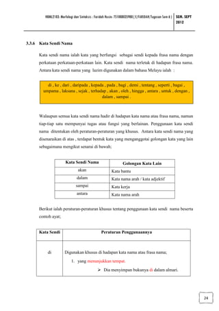 HBML2103: Morfologi dan Sintaksis : Faridah Husin: 751008035900 ( E/FARIDAH/Tugasan Sem 6 ) SEM. SEPT
                                                                                                    2012



3.3.6 Kata Sendi Nama

     Kata sendi nama ialah kata yang berfungsi sebagai sendi kepada frasa nama dengan
     perkataan perkataan-perkataan lain. Kata sendi nama terletak di hadapan frasa nama.
     Antara kata sendi nama yang lazim digunakan dalam bahasa Melayu ialah :


         di , ke , dari , daripada , kepada , pada , bagi , demi , tentang , seperti , bagai ,
       umpama , laksana , sejak , terhadap , akan , oleh , hingga , antara , untuk , dengan ,
                                          dalam , sampai .



     Walaupun semua kata sendi nama hadir di hadapan kata nama atau frasa nama, namun
     tiap-tiap satu mempunyai tugas atau fungsi yang berlainan. Penggunaan kata sendi
     nama ditentukan oleh peraturan-peraturan yang khusus. Antara kata sendi nama yang
     disenaraikan di atas , terdapat bentuk kata yang menganggotai golongan kata yang lain
     sebagaimana mengikut senarai di bawah;


                     Kata Sendi Nama                         Golongan Kata Lain
                              akan                   Kata bantu
                             dalam                   Kata nama arah / kata adjektif
                             sampai                  Kata kerja
                             antara                  Kata nama arah


     Berikut ialah peraturan-peraturan khusus tentang penggunaan kata sendi nama beserta
     contoh ayat;


     Kata Sendi                               Peraturan Penggunaannya



         di          Digunakan khusus di hadapan kata nama atau frasa nama;
                         1. yang menunjukkan tempat.
                                                Dia menyimpan bukunya di dalam almari.




                                                                                                                24
 