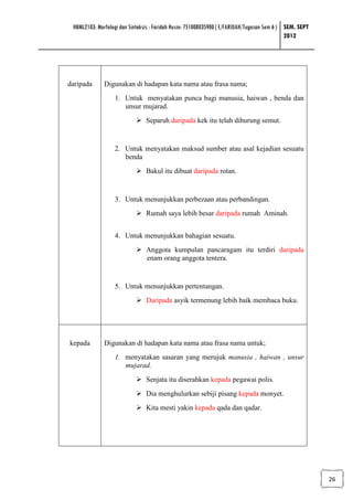 HBML2103: Morfologi dan Sintaksis : Faridah Husin: 751008035900 ( E/FARIDAH/Tugasan Sem 6 ) SEM. SEPT
                                                                                             2012




daripada      Digunakan di hadapan kata nama atau frasa nama;
                  1. Untuk menyatakan punca bagi manusia, haiwan , benda dan
                     unsur mujarad.
                                Separuh daripada kek itu telah dihurung semut.


                  2. Untuk menyatakan maksud sumber atau asal kejadian sesuatu
                     benda
                                Bakul itu dibuat daripada rotan.


                  3. Untuk menunjukkan perbezaan atau perbandingan.
                                Rumah saya lebih besar daripada rumah Aminah.


                  4. Untuk menunjukkan bahagian sesuatu.
                                Anggota kumpulan pancaragam itu terdiri daripada
                                enam orang anggota tentera.


                  5. Untuk menunjukkan pertentangan.
                                Daripada asyik termenung lebih baik membaca buku.




kepada        Digunakan di hadapan kata nama atau frasa nama untuk;
                  1. menyatakan sasaran yang merujuk manusia , haiwan , unsur
                     mujarad.
                                Senjata itu diserahkan kepada pegawai polis.
                                Dia menghulurkan sebiji pisang kepada monyet.
                                Kita mesti yakin kepada qada dan qadar.




                                                                                                         26
 