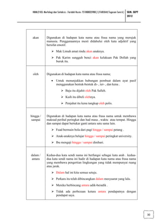 HBML2103: Morfologi dan Sintaksis : Faridah Husin: 751008035900 ( E/FARIDAH/Tugasan Sem 6 ) SEM. SEPT
                                                                                             2012




 akan         Digunakan di hadapan kata nama atau frasa nama yang merujuk
              manusia. Penggunaannya mesti didahului oleh kata adjektif yang
              bersifat emotif.
                       Mak Limah amat rindu akan anaknya.
                       Pak Karim sungguh benci akan kelakuan Pak Dollah yang
                       buruk itu.



 oleh         Digunakan di hadapan kata nama atau frasa nama;

                  • Untuk menunjukkan hubungan pembuat dalam ayat pasif
                    menggunakan bentuk-bentuk di- , ter- , dan kena .
                                Baju itu dijahit oleh Pak Salleh.
                                Kuih itu dibeli olehnya.
                                Penjahat itu kena tangkap oleh polis.



hingga /      Digunakan di hadapan kata nama atau frasa nama untuk membawa
sampai        maksud perihal peringkat dan had masa , waktu atau tempat. Hingga
              dan sampai dapat bertukar ganti antara satu sama lain.
                       Fuad bermain bola dari pagi hingga / sampai petang .
                       Anak-anaknya belajar hingga / sampai peringkat university.
                       Ibu mengaji hingga / sampai dinihari.



dalam /       Kedua-dua kata sendi nama ini berfungsi sebagai kata arah . kedua-
 antara       dua kata sendi nama ini hadir di hadapan kata nama atau frasa nama
              yang membawa pengertian lingkungan yang tidak mempunyai ruang
              atau jarak.
                       Dalam hal ini kita semua setuju.
                       Perkara itu telah dibincangkan dalam mesyuarat yang lalu.
                       Mereka berbincang antara adik-beradik .
                       Tidak ada perbezaan ketara antara pendapatnya dengan
                       pendapat saya.




                                                                                                         30
 