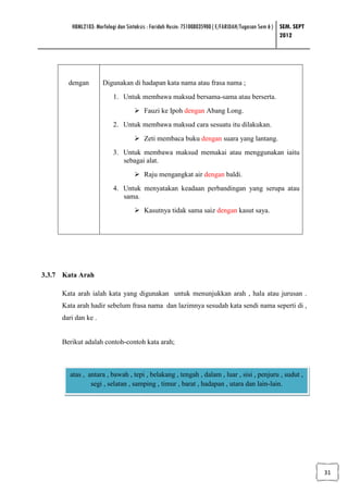 HBML2103: Morfologi dan Sintaksis : Faridah Husin: 751008035900 ( E/FARIDAH/Tugasan Sem 6 ) SEM. SEPT
                                                                                                    2012




       dengan        Digunakan di hadapan kata nama atau frasa nama ;
                         1. Untuk membawa maksud bersama-sama atau berserta.
                                       Fauzi ke Ipoh dengan Abang Long.
                         2. Untuk membawa maksud cara sesuatu itu dilakukan.
                                       Zeti membaca buku dengan suara yang lantang.
                         3. Untuk membawa maksud memakai atau menggunakan iaitu
                            sebagai alat.
                                       Raju mengangkat air dengan baldi.
                         4. Untuk menyatakan keadaan perbandingan yang serupa atau
                            sama.
                                       Kasutnya tidak sama saiz dengan kasut saya.




3.3.7 Kata Arah

     Kata arah ialah kata yang digunakan untuk menunjukkan arah , hala atau jurusan .
     Kata arah hadir sebelum frasa nama dan lazimnya sesudah kata sendi nama seperti di ,
     dari dan ke .


     Berikut adalah contoh-contoh kata arah;



        atas , antara , bawah , tepi , belakang , tengah , dalam , luar , sisi , penjuru , sudut ,
                segi , selatan , samping , timur , barat , hadapan , utara dan lain-lain.




                                                                                                                31
 