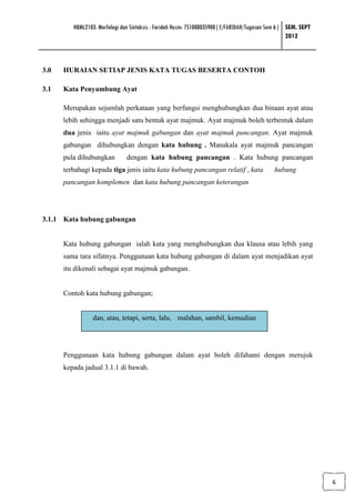 HBML2103: Morfologi dan Sintaksis : Faridah Husin: 751008035900 ( E/FARIDAH/Tugasan Sem 6 ) SEM. SEPT
                                                                                                     2012



3.0   HURAIAN SETIAP JENIS KATA TUGAS BESERTA CONTOH

3.1   Kata Penyambung Ayat

      Merupakan sejumlah perkataan yang berfungsi menghubungkan dua binaan ayat atau
      lebih sehingga menjadi satu bentuk ayat majmuk. Ayat majmuk boleh terbentuk dalam
      dua jenis iaitu ayat majmuk gabungan dan ayat majmuk pancangan. Ayat majmuk
      gabungan dihubungkan dengan kata hubung . Manakala ayat majmuk pancangan
      pula dihubungkan         dengan kata hubung pancangan . Kata hubung pancangan
      terbahagi kepada tiga jenis iaitu kata hubung pancangan relatif , kata                  hubung
      pancangan komplemen dan kata hubung pancangan keterangan




3.1.1 Kata hubung gabungan


      Kata hubung gabungan ialah kata yang menghubungkan dua klausa atau lebih yang
      sama tara sifatnya. Penggunaan kata hubung gabungan di dalam ayat menjadikan ayat
      itu dikenali sebagai ayat majmuk gabungan.


      Contoh kata hubung gabungan;


                 dan, atau, tetapi, serta, lalu, malahan, sambil, kemudian




      Penggunaan kata hubung gabungan dalam ayat boleh difahami dengan merujuk
      kepada jadual 3.1.1 di bawah.




                                                                                                                 6
 