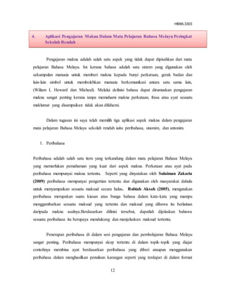 HBML3303
12
Pengajaran makna adalah salah satu aspek yang tidak dapat dipisahkan dari mata
pelajaran Bahasa Melayu. Ini kerana bahasa adalah satu sistem yang digunakan oleh
sekumpulan manusia untuk memberi makna kepada bunyi perkataan, gerak badan dan
lain-lain simbol untuk membolehkan manusia berkomunikasi antara satu sama lain,
(Wiliam L Heward dan Micheal). Melalui definisi bahasa dapat dirumuskan pengajaran
makna sangat penting kerana tanpa memahami makna perkataan, frasa atau ayat sesuatu
maklumat yang disampaikan tidak akan difahami.
Dalam tugasan ini saya telah memilih tiga aplikasi aspek makna dalam pengajaran
mata pelajaran Bahasa Melayu sekolah rendah iaitu peribahasa, sinonim, dan antonim.
1. Peribahasa
Peribahasa adalah salah satu item yang terkandung dalam mata pelajaran Bahasa Melayu
yang memerlukan pemahaman yang kuat dari aspek makna. Perkataan atau ayat pada
peribahasa mempunyai makna tertentu. Seperti yang dinyatakan oleh Sulaiman Zakaria
(2009) peribahasa mempunyai pengertian tertentu dan digunakan oleh masyarakat dahulu
untuk menyampaikan sesuatu maksud secara halus. Rubiah Aksah (2005), mengatakan
peribahasa merupakan suatu kiasan atau bunga bahasa dalam kata-kata yang mampu
menggambarkan sesuatu maksud yang tertentu dan maksud yang dibawa itu berlainan
daripada makna asalnya.Berdasarkan difinisi tersebut, dapatlah dijelaskan bahawa
sesuatu peribahasa itu berupaya mendukung dan menjelaskan maksud tertentu.
Penerapan peribahasa di dalam sesi pengajaran dan pembelajaran Bahasa Melayu
sangat penting. Peribahasa mempunyai skop tertentu di dalam topik-topik yang diajar
contohnya membina ayat berdasarkan peribahasa yang diberi ataupun menggunakan
peribahasa dalam menghasilkan penulisan karangan seperti yang terdapat di dalam format
4. Aplikasi Pengajaran Makna Dalam Mata Pelajaran Bahasa Melayu Peringkat
Sekolah Rendah
 