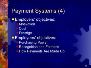 Payment Systems (4) Employers’ objectives: Motivation Cost Prestige Employees’ objectives: Purchasing Power Recognition and Fairness How Payments Are Made Up 