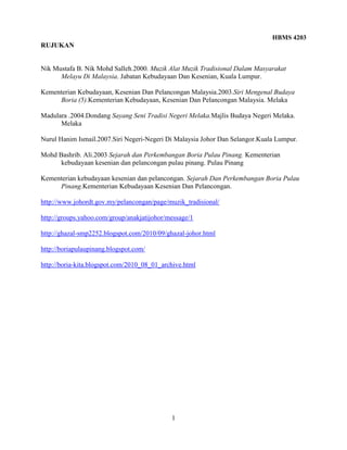 HBMS 4203
1
RUJUKAN
Nik Mustafa B. Nik Mohd Salleh.2000. Muzik Alat Muzik Tradisional Dalam Masyarakat
Melayu Di Malaysia. Jabatan Kebudayaan Dan Kesenian, Kuala Lumpur.
Kementerian Kebudayaan, Kesenian Dan Pelancongan Malaysia.2003.Siri Mengenal Budaya
Boria (5).Kementerian Kebudayaan, Kesenian Dan Pelancongan Malaysia. Melaka
Madulara .2004.Dondang Sayang Seni Tradisi Negeri Melaka.Majlis Budaya Negeri Melaka.
Melaka
Nurul Hanim Ismail.2007.Siri Negeri-Negeri Di Malaysia Johor Dan Selangor.Kuala Lumpur.
Mohd Bashrib. Ali.2003 Sejarah dan Perkembangan Boria Pulau Pinang. Kementerian
kebudayaan kesenian dan pelancongan pulau pinang. Pulau Pinang
Kementerian kebudayaan kesenian dan pelancongan. Sejarah Dan Perkembangan Boria Pulau
Pinang.Kementerian Kebudayaan Kesenian Dan Pelancongan.
http://www.johordt.gov.my/pelancongan/page/muzik_tradisional/
http://groups.yahoo.com/group/anakjatijohor/message/1
http://ghazal-smp2252.blogspot.com/2010/09/ghazal-johor.html
http://boriapulaupinang.blogspot.com/
http://boria-kita.blogspot.com/2010_08_01_archive.html
 
