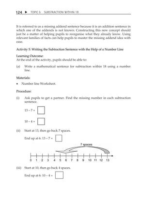 TOPIC 6 SUBSTRACTION WITHIN 18 
124 
It is referred to as a missing addend sentence because it is an addition sentence in 
which one of the addends is not known. Constructing this new concept should 
just be a matter of helping pupils to reorganise what they already know. Using 
relevant families of facts can help pupils to master the missing addend idea with 
ease. 
Activity 5: Writing the Subtraction Sentence with the Help of a Number Line 
Learning Outcome: 
At the end of the activity, pupils should be able to: 
(a) Write a mathematical sentence for subtraction within 18 using a number 
line. 
Materials: 
 Number line Worksheet. 
Procedure: 
(i) Ask pupils to get a partner. Find the missing number in each subtraction 
sentence. 
13  7 = 
10  4 = 
(ii) Start at 13, then go back 7 spaces. 
End up at 6: 13  7 = 
(iii) Start at 10, then go back 4 spaces. 
End up at 6: 10  4 = 
 