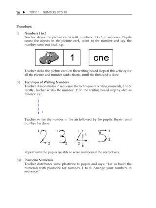 TOPIC 1 NUMBERS 0 TO 10 
16 
Procedure: 
(i) Numbers 1 to 5 
Teacher shows the picture cards with numbers, 1 to 5 in sequence. Pupils 
count the objects in the picture card, point to the number and say the 
number name out loud. e.g.: 
Teacher sticks the picture card on the writing board. Repeat this activity for 
all the picture and number cards, that is, until the fifth card is done. 
(ii) Technique of Writing Numbers 
Teacher demonstrates in sequence the technique of writing numerals, 1 to 5. 
Firstly, teacher writes the number Â1Ê on the writing board step by step as 
follows: e.g.: 
1 
Teacher writes the number in the air followed by the pupils. Repeat until 
number 5 is done. 
Repeat until the pupils are able to write numbers in the correct way. 
(iii) Plasticine Numerals 
Teacher distributes some plasticine to pupils and says: „Let us build the 
numerals with plasticine for numbers 1 to 5. Arrange your numbers in 
sequence.‰ 
 