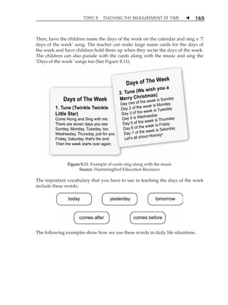 TOPIC 8 TEACHING THE MEASUREMENT OF TIME  169 
Then, have the children name the days of the week on the calendar and sing a Â7 
days of the weekÊ song. The teacher can make large name cards for the days of 
the week and have children hold them up when they recite the days of the week. 
The children can also parade with the cards along with the music and sing the 
ÂDays of the weekÊ songs too (See Figure 8.11). 
Figure 8.11: Example of cards sing along with the music 
Source: Hummingbird Education Resource 
The important vocabulary that you have to use in teaching the days of the week 
include these words: 
The following examples show how we use these words in daily life situations. 
 