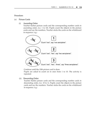 TOPIC 1 NUMBERS 0 TO 10  
19 
Procedure: 
(a) Picture Cards 
(i) Ascending Order 
Teacher flashes picture cards and the corresponding number cards in 
ascending order, (i.e. 1 to 10). Pupils count the objects in the picture 
cards and say the numbers. Teacher sticks the cards on the whiteboard 
in sequence. e.g.: 
Continue until the 10th picture card is done. 
Pupils are asked to count on in ones from 1 to 10. The activity is 
repeated. 
(ii) Descending Order 
Teacher flashes picture cards and the corresponding number cards in 
descending order, (i.e. 10 to 1). Pupils count the objects in the picture 
cards and say the numbers. Teacher sticks the cards on the whiteboard 
in sequence. e.g.: 
 