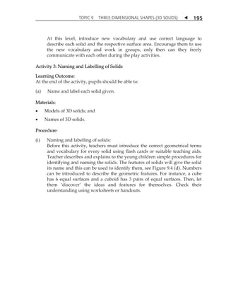 TOPIC 9 THREE DIMENSIONAL SHAPES (3D SOLIDS)  
195 
At this level, introduce new vocabulary and use correct language to 
describe each solid and the respective surface area. Encourage them to use 
the new vocabulary and work in groups, only then can they freely 
communicate with each other during the play activities. 
Activity 3: Naming and Labelling of Solids 
Learning Outcome: 
At the end of the activity, pupils should be able to: 
(a) Name and label each solid given. 
Materials: 
 Models of 3D solids; and 
 Names of 3D solids. 
Procedure: 
(i) Naming and labelling of solids: 
Before this activity, teachers must introduce the correct geometrical terms 
and vocabulary for every solid using flash cards or suitable teaching aids. 
Teacher describes and explains to the young children simple procedures for 
identifying and naming the solids. The features of solids will give the solid 
its name and this can be used to identify them, see Figure 9.4 (d). Numbers 
can be introduced to describe the geometric features. For instance, a cube 
has 6 equal surfaces and a cuboid has 3 pairs of equal surfaces. Then, let 
them ÂdiscoverÊ the ideas and features for themselves. Check their 
understanding using worksheets or handouts. 
 