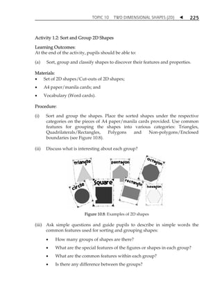 TOPIC 10 TWO DIMENSIONAL SHAPES (2D)  
225 
Activity 1.2: Sort and Group 2D Shapes 
Learning Outcomes: 
At the end of the activity, pupils should be able to: 
(a) Sort, group and classify shapes to discover their features and properties. 
Materials: 
 Set of 2D shapes/Cut-outs of 2D shapes; 
 A4 paper/manila cards; and 
 Vocabulary (Word cards). 
Procedure: 
(i) Sort and group the shapes. Place the sorted shapes under the respective 
categories on the pieces of A4 paper/manila cards provided. Use common 
features for grouping the shapes into various categories: Triangles, 
Quadrilaterals/Rectangles, Polygons and Non-polygons/Enclosed 
boundaries (see Figure 10.8). 
(ii) Discuss what is interesting about each group? 
Figure 10.8: Examples of 2D shapes 
(iii) Ask simple questions and guide pupils to describe in simple words the 
common features used for sorting and grouping shapes: 
 How many groups of shapes are there? 
 What are the special features of the figures or shapes in each group? 
 What are the common features within each group? 
 Is there any difference between the groups? 
 