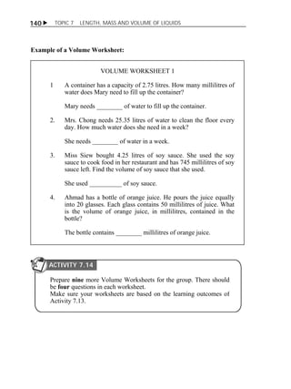 140  TOPIC 7 LENGTH, MASS AND VOLUME OF LIQUIDS 
Example of a Volume Worksheet: 
VOLUME WORKSHEET 1 
1 A container has a capacity of 2.75 litres. How many millilitres of 
water does Mary need to fill up the container? 
Mary needs ________ of water to fill up the container. 
2. Mrs. Chong needs 25.35 litres of water to clean the floor every 
day. How much water does she need in a week? 
She needs ________ of water in a week. 
3. Miss Siew bought 4.25 litres of soy sauce. She used the soy 
sauce to cook food in her restaurant and has 745 millilitres of soy 
sauce left. Find the volume of soy sauce that she used. 
She used __________ of soy sauce. 
4. Ahmad has a bottle of orange juice. He pours the juice equally 
into 20 glasses. Each glass contains 50 millilitres of juice. What 
is the volume of orange juice, in millilitres, contained in the 
bottle? 
The bottle contains ________ millilitres of orange juice. 
ACTIVITY 7.14 
Prepare nine more Volume Worksheets for the group. There should 
be four questions in each worksheet. 
Make sure your worksheets are based on the learning outcomes of 
Activity 7.13. 
 