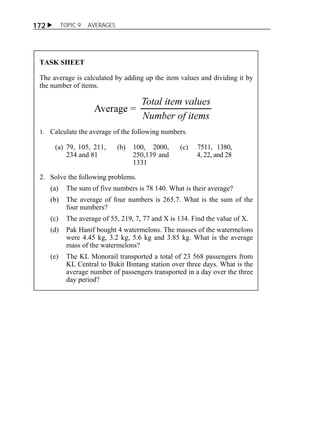  TOPIC 9 AVERAGES 
172 
ACTIVITY 9.5 
TASK SHEET 
The average is calculated by adding up the item values and dividing it by 
the number of items. 
1. Calculate the average of the following numbers. 
(a) 79, 105, 211, 
234 and 81 
(b) 100, 2000, 
250,139 and 
1331 
(c) 7511, 1380, 
4, 22, and 28 
2. Solve the following problems. 
(a) The sum of five numbers is 78 140. What is their average? 
(b) The average of four numbers is 265.7. What is the sum of the 
four numbers? 
(c) The average of 55, 219, 7, 77 and X is 134. Find the value of X. 
(d) Pak Hanif bought 4 watermelons. The masses of the watermelons 
were 4.45 kg, 3.2 kg, 5.6 kg and 3.85 kg. What is the average 
mass of the watermelons? 
(e) The KL Monorail transported a total of 23 568 passengers from 
KL Central to Bukit Bintang station over three days. What is the 
average number of passengers transported in a day over the three 
day period? 
 
