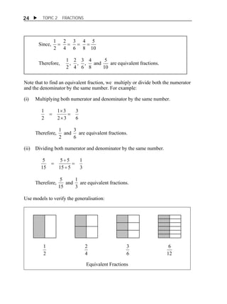  TOPIC 2 FRACTIONS 
24 
5 
1  2 
 3 
 4 
 
1 and 
, 4 
6 
, 2 
2 
5 are equivalent fractions. 
Note that to find an equivalent fraction, we multiply or divide both the numerator 
and the denominator by the same number. For example: 
(i) Multiplying both numerator and denominator by the same number. 
3 
6 
1 1  
3 
 
2 3 
2 
 
 
Therefore, 
1 and 
2 
3 are equivalent fractions. 
6 
(ii) Dividing both numerator and denominator by the same number. 
1 
3 
5 5  
5 
 
15 5 
15 
 
 
Therefore, 
5 
and 
15 
1 
are equivalent fractions. 
3 
Use models to verify the generalisation: 
1 
2 
2 
4 
3 
6 
6 
12 
Equivalent Fractions 
Since, 
10 
8 
6 
4 
2 
Therefore, 
8 
, 3 
4 
10 
 