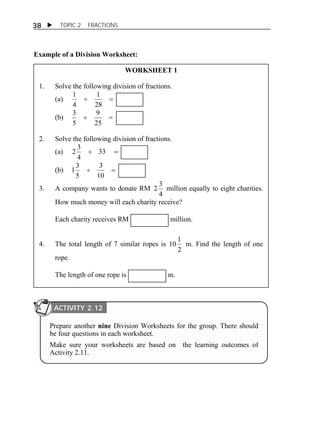  TOPIC 2 FRACTIONS 
38 
Example of a Division Worksheet: 
WORKSHEET 1 
1. Solve the following division of fractions. 
1 
1 
(a)   
28 
4 
9 
3 
(b)   
25 
5 
2. Solve the following division of fractions. 
2 3 
(a)  33  
4 
3 
13 
(b)   
10 
5 
3. A company wants to donate RM 
2 3 million equally to eight charities. 
4 
How much money will each charity receive? 
Each charity receives RM 
million. 
4. The total length of 7 similar ropes is 
10 1 m. Find the length of one 
2 
rope. 
The length of one rope is 
m. 
ACTIVITY 2.12 
Prepare another nine Division Worksheets for the group. There should 
be four questions in each worksheet. 
Make sure your worksheets are based on the learning outcomes of 
Activity 2.11. 
 